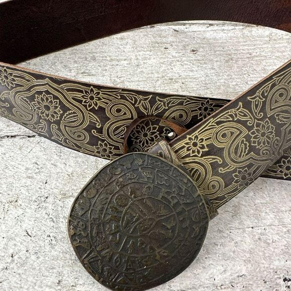 Vintage Italian Made Embossed Leather Belt With Mayan Aztec Buckle - Picture 6 of 9
